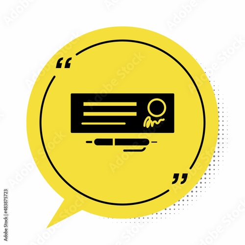 Black Blank template of the bank check and pen icon isolated on white background. Checkbook cheque page with empty fields to fill. Yellow speech bubble symbol. Vector Illustration