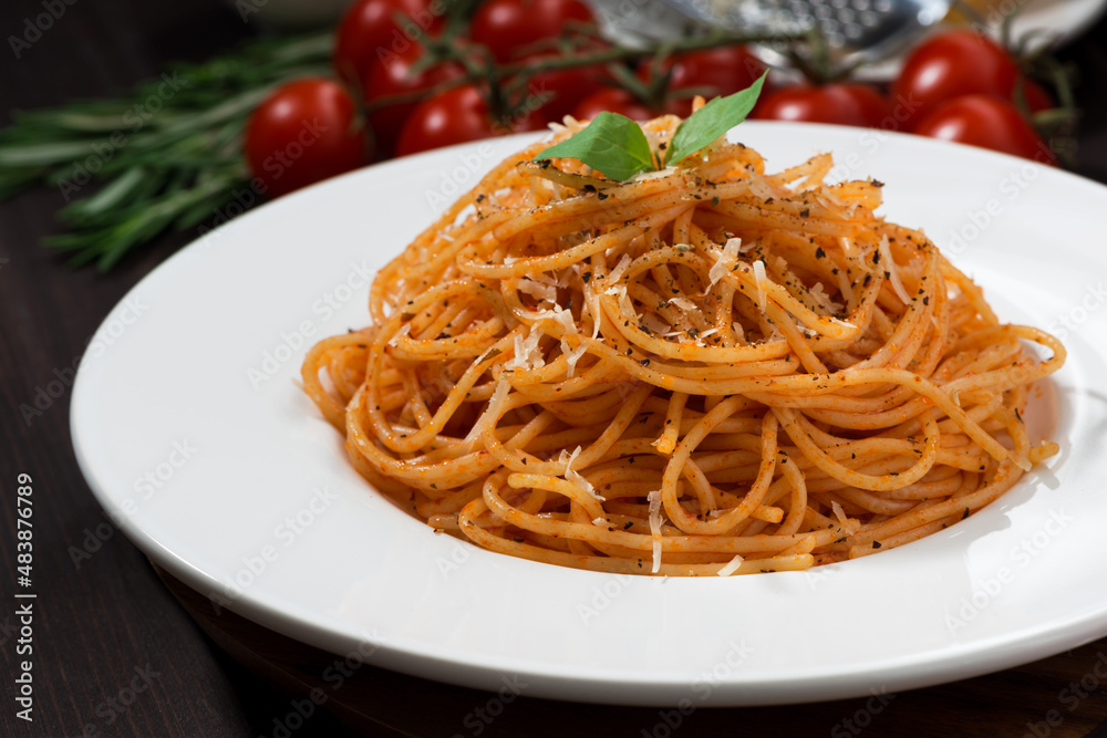plate of spaghetti with tomato sauce, closeup