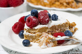 piece of healthy oatmeal cake with yogurt and fresh berries, closeup