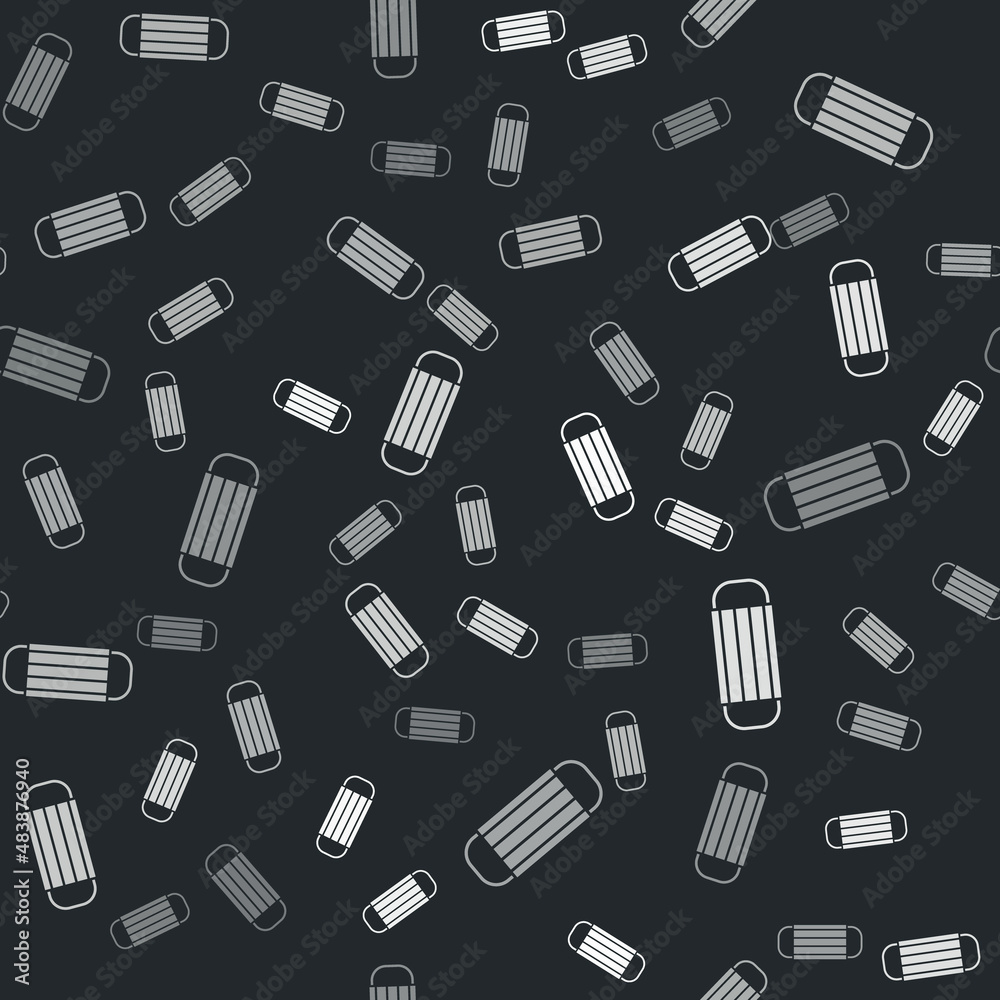 Grey Medical protective mask icon isolated seamless pattern on black background. Vector. Grey Medical protective mask icon isolated seamless pattern on black background. Vector.