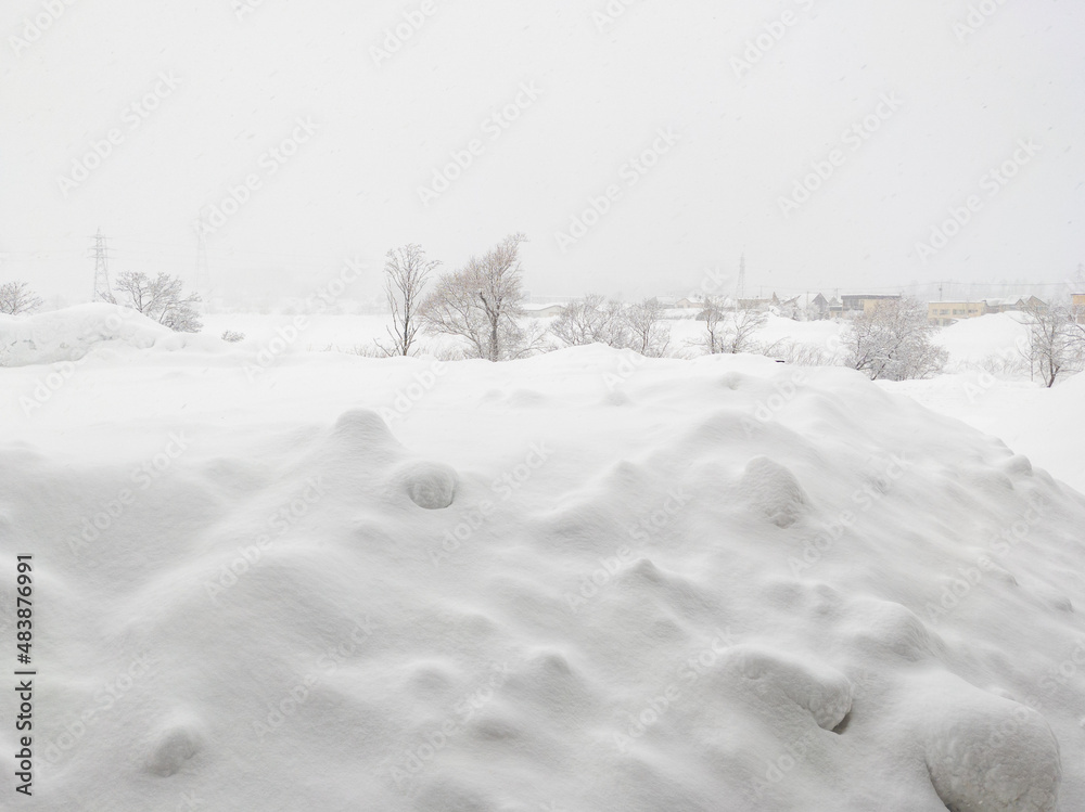 Viewing a snowfield from behind a lump of fallen snow (Kutchan, Hokkaido, Japan)