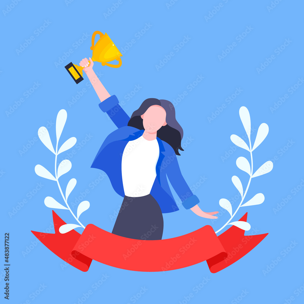 Fototapeta premium Best worker employee winner with trophy cup inside award ribbon and floral wreath flat style design vector illustration. Employee of the month, talent award, best worker competition prize.