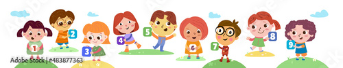 Set of children with numbers from 1 to 9. Cartoon style character for design. Vector illustrations, full color.