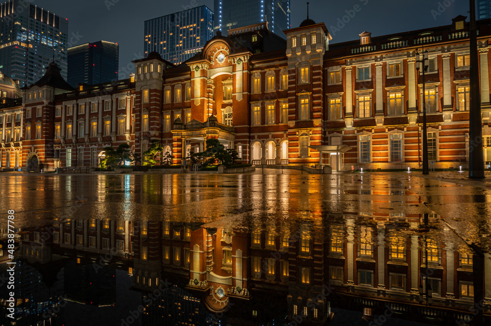 水たまりに反射する東京駅