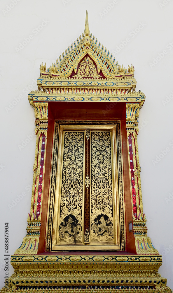 Golden Wood craft Thai classic pattern in thai temple at Bangkok, Thailand for design and decoration. Golden Wood craft Thai classic pattern in thai temple at Bangkok, Thailand for design and decoration.