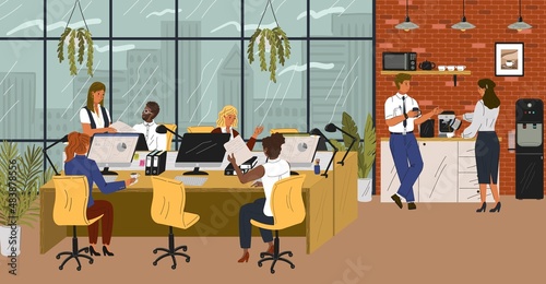 People in office sitting at desks and talking to each other. Business concept vector poster. Team work, coffee break next to office cooler. Modern corporate office interior