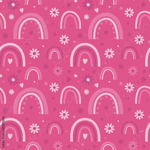 Cute rainbow with heart and flowers on pink background. Vector seamless pattern