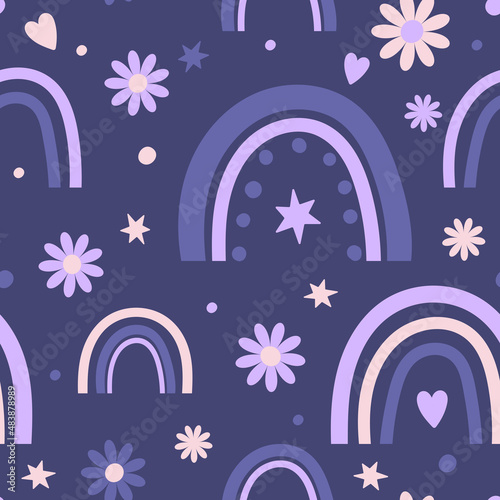 Violet rainbow with heart and flower on dark purple background.