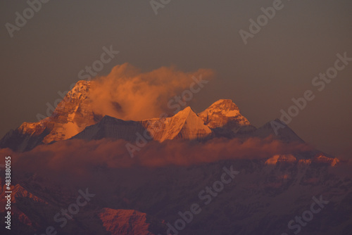Kumaon Himalayan mountain range with notable peaks like Nandaghunti, Trishul, Nanda devi as seen from Kasar Devi Temple Uttarakhand.