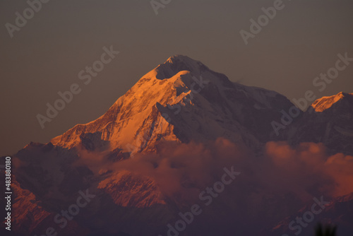 Kumaon Himalayan mountain range with notable peaks like Nandaghunti  Trishul  Nanda devi as seen from Kasar Devi Temple Uttarakhand.