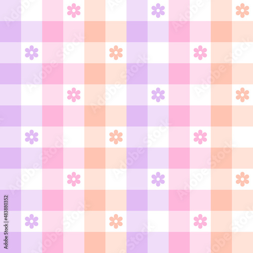 Abstract geometric pattern with flower print in colorful pastel gradient purple, pink, orange, white. Seamless spring summer gingham vichy check plaid for gift paper, gift card, dress, other textile.
