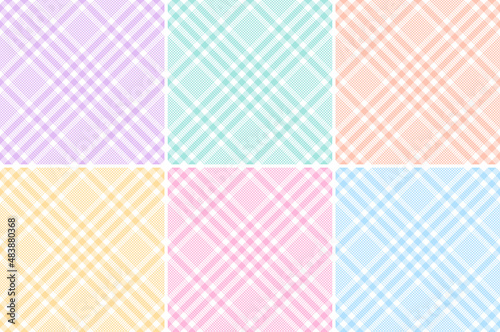 Tweed check plaid pattern set in pastel colorful lilac, blue, green, pink, orange, yellow, white. Seamless diagonal glen tartan for tablecloth, oilcloth, picnic blanket, other spring fabric design.