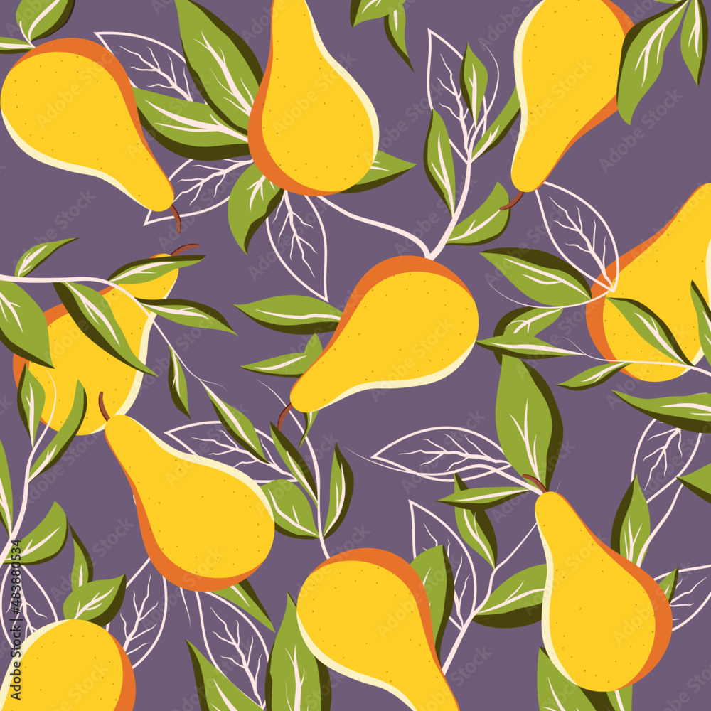 Pattern with fruits. The pear is yellow. Gray background. Vector stock illustration. Nature and plants. Flowers. Food and vegetables. Pattern with fruits. The pear is yellow. Gray background. Vector stock illustration. Nature and plants. Flowers. Food and vegetables.