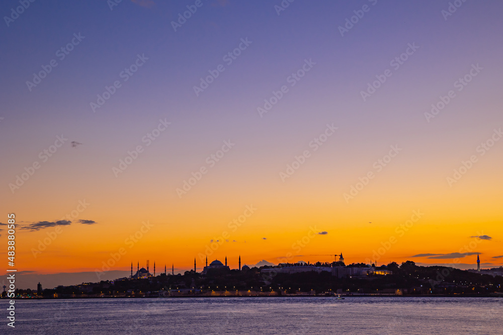 Istanbul sunset. Cityscape of Istanbul at sunset with golden sky