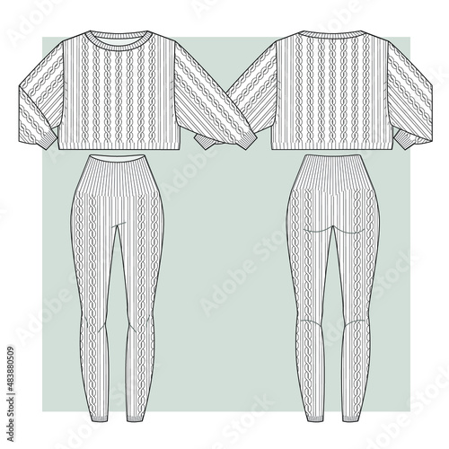 Knitted suit from pullover and leggins with braids. Fashion technical sketch.