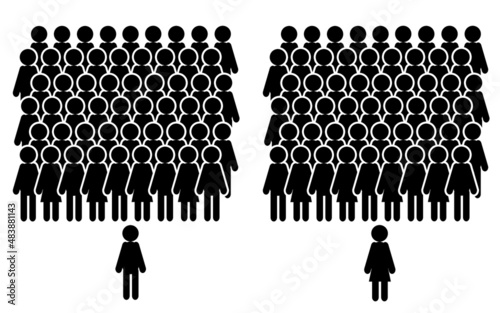 Two teams standing in rows, one with a man, one with a woman in front of them, symbol for equality, black icons isolated on white background