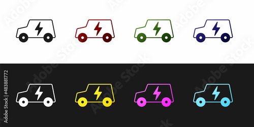 Set Electric car and electrical cable plug charging icon isolated on black and white background. Renewable eco technologies. Vector