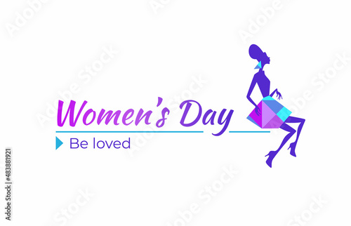 Woman's day card of colorful girl silhouette, logotype with pretty girl sitting with crystals on skirt and the earring on white background. Vector illustration for banner, logo, kids fashion, decor.