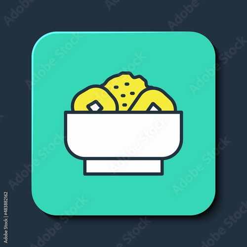 Filled outline Chow mein on plate icon isolated on blue background. Asian food. Turquoise square button. Vector