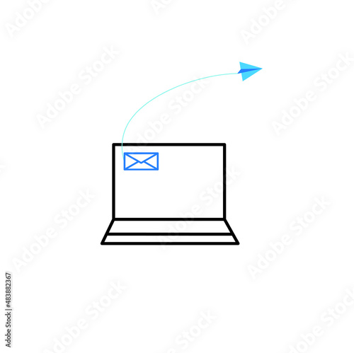 laptop icon with outgoing letter information, airplane and envelope icons, modern technologies, e-mail