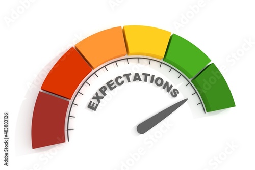 Expectations measuring device with arrow and scale. 3D Render