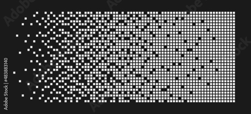 Pixel disintegration background. Decay effect. Dispersed dotted pattern. Concept of disintegration. Abstract pixel mosaic texture with simple square particles. Vector illustration on black background.
