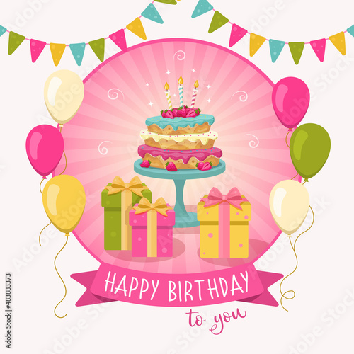 Happy birthday card. Cake with three candles  gifts  balloons and garlands in a round frame with a ribbon. Vector illustration.
