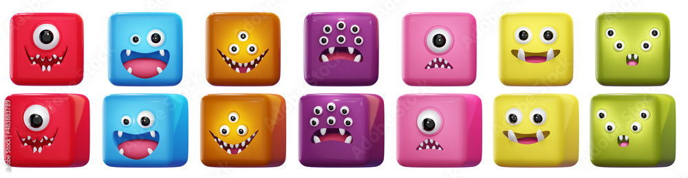 Série de portrait illustration enfantin 3d de personnage monstre souriant et heureux pouvant illustrer des avatars de profil Série de portrait illustration enfantin 3d de personnage monstre souriant et heureux pouvant illustrer des avatars de profil