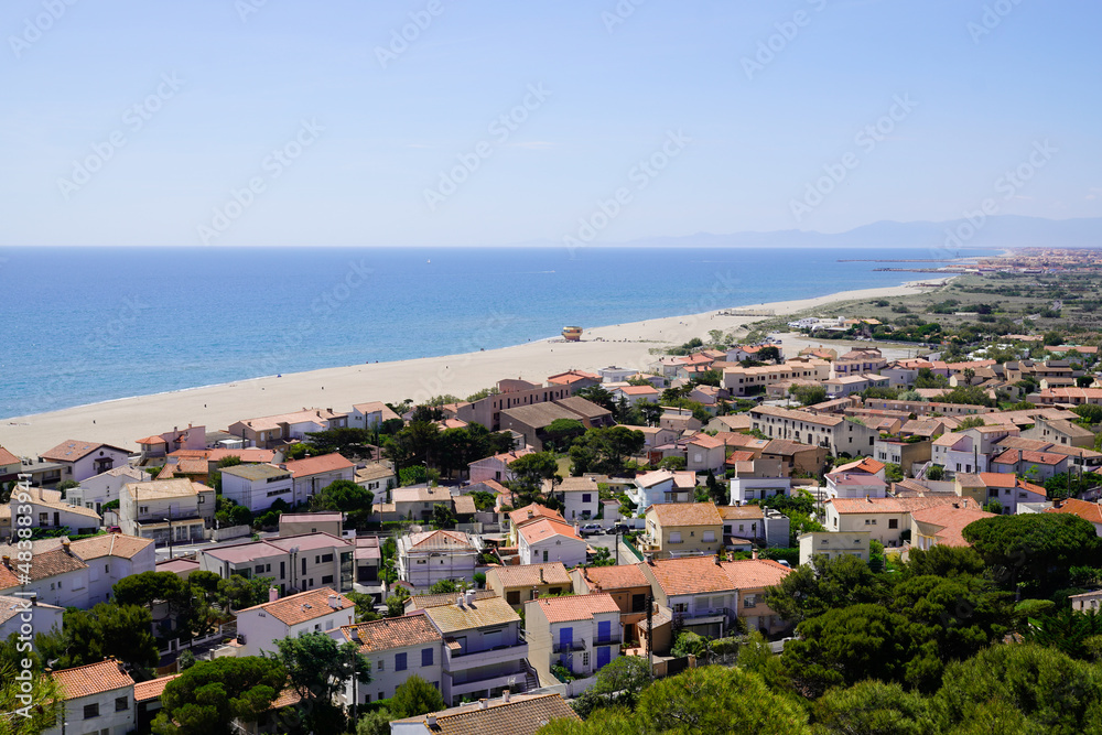 Leucate city beach mediterranen sea coast in french Occitanie south france village top hill view roof house street