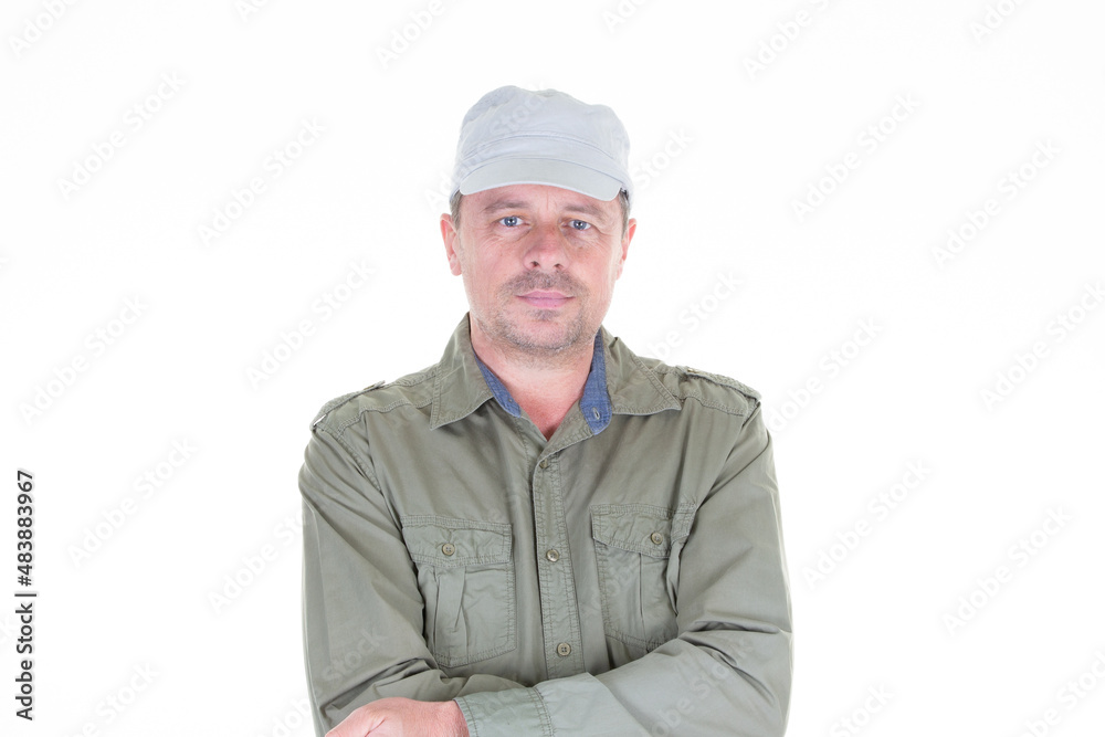 cheerful bearded man military cap arms crossed on white background cheerful bearded man military cap arms crossed on white background