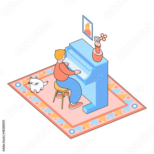 man learns to play the piano. a man plays the piano at home. pianist musician rehearsal. vector isometric illustration