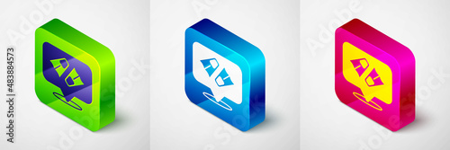 Isometric Rubber flippers for swimming icon isolated on grey background. Diving equipment. Extreme sport. Diving underwater equipment. Square button. Vector