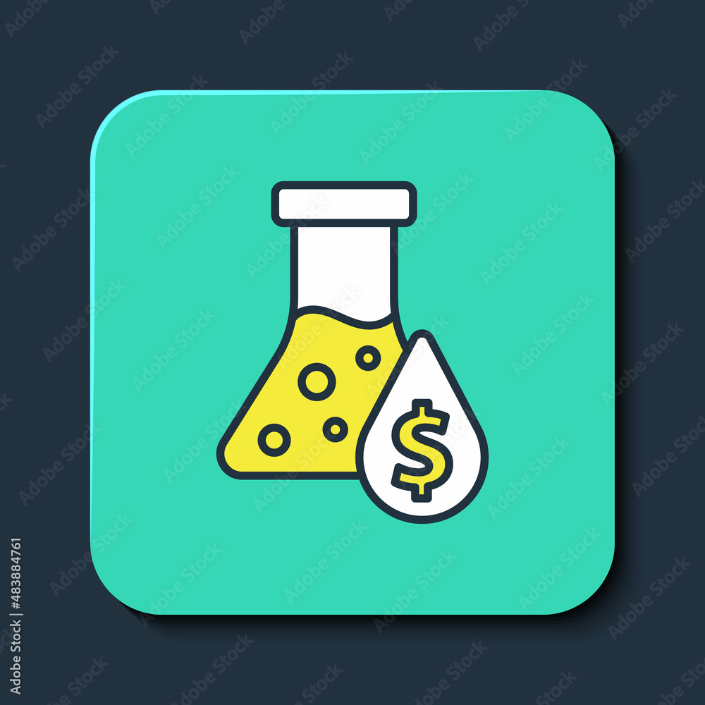 Filled outline Oil petrol test tube icon isolated on blue background. Cmemistry flask and falling drop. Turquoise square button. Vector Filled outline Oil petrol test tube icon isolated on blue background. Cmemistry flask and falling drop. Turquoise square button. Vector