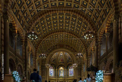 Bangkok, Thailand - Feb 2, 2020 : Priest celebrate wedding mass for the Bride and groom at the church. Wedding ceremony, Beautiful decoration. Selective focus.