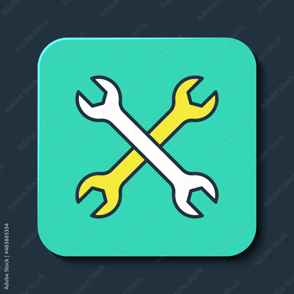 Filled outline Wrench spanner icon isolated on blue background. Spanner repair tool. Service tool symbol. Turquoise square button. Vector Filled outline Wrench spanner icon isolated on blue background. Spanner repair tool. Service tool symbol. Turquoise square button. Vector