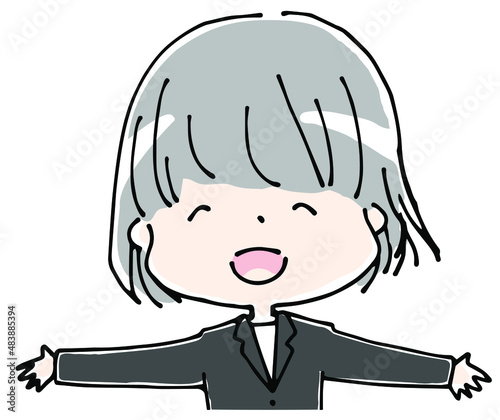 両手を広げた笑顔の女性の上半身