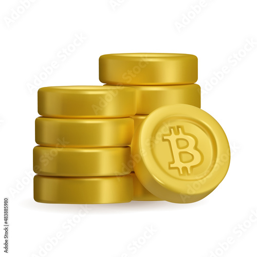 3d Icon golden bitcoins stack. Realistic vector render emoji. Money concept, gold coins pile design element isolated on white background