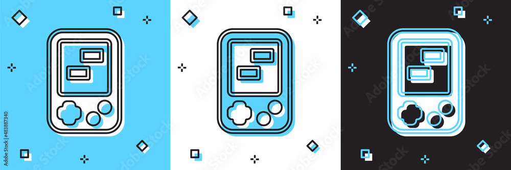Set Portable tetris electronic game icon isolated on blue and white, black background. Vintage style pocket brick game. Interactive playing device. Vector Set Portable tetris electronic game icon isolated on blue and white, black background. Vintage style pocket brick game. Interactive playing device. Vector