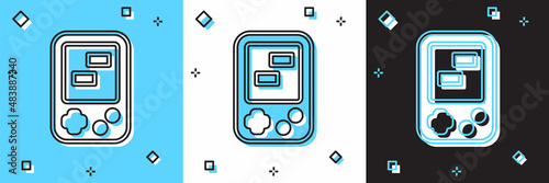 Set Portable tetris electronic game icon isolated on blue and white, black background. Vintage style pocket brick game. Interactive playing device. Vector