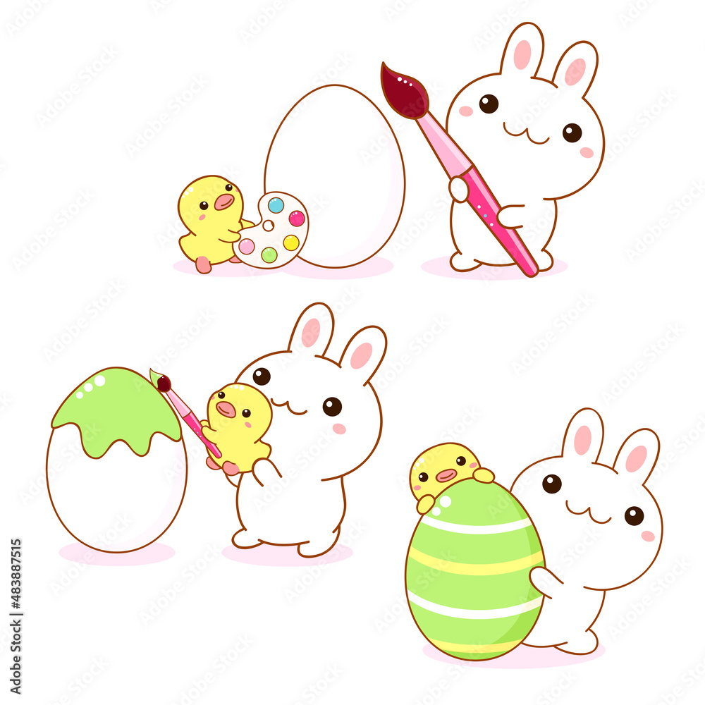 Obraz premium Easter set with bunny and chicken friends. Cute little rabbit and a chick paint Easter egg. Holiday collection of patch Kids, stickers with kawaii characters. Vector illustration EPS8