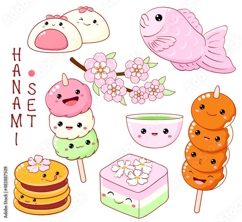 Set of cute hanami season dessert icon in kawaii style with smiling face and pink cheeks. Japanese traditional cuisine dishes. Taiyaki, hanami dango, dorayaki, matcha, castella cake. Vector EPS8 