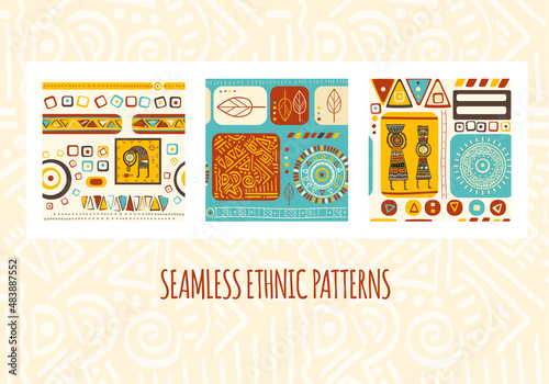 Set of seamless patterns with tribal ornaments of red, yellow, blue and brown colors
