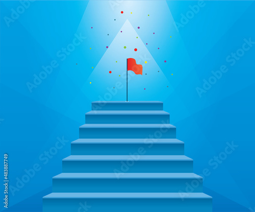 Steps to finish, up, vector. Steps to success with the flag at the top. The concept of achievement, business motivation. Vector illustration in trendy style.