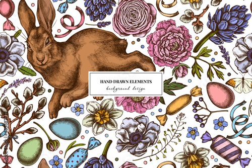 Easter seamless pattern background design. Engraved style. Hand drawn rabbit, eggs, willow branches, candies, shepherd's purse, heather, great orange-tip, anemone, lavender, viburnum, ranunculus