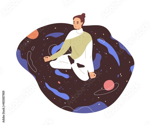 Peaceful woman at meditation. Person in yoga pose, meditating in universe. Zen, nirvana and enlightenment concept. Female at spiritual practice. Flat vector illustration isolated on white background