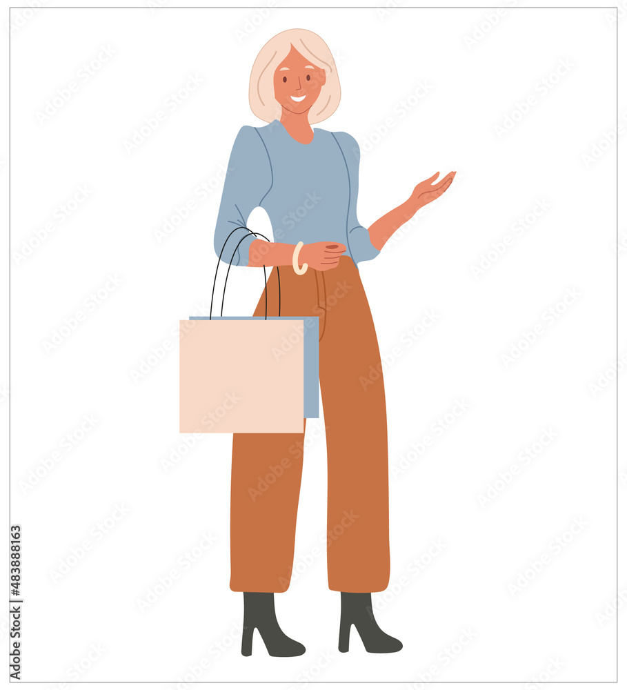 Fashionable girl with packages from the store in full growth. Vertical flat illustration isolated on white background for shopping. Fashionable girl with packages from the store in full growth. Vertical flat illustration isolated on white background for shopping.