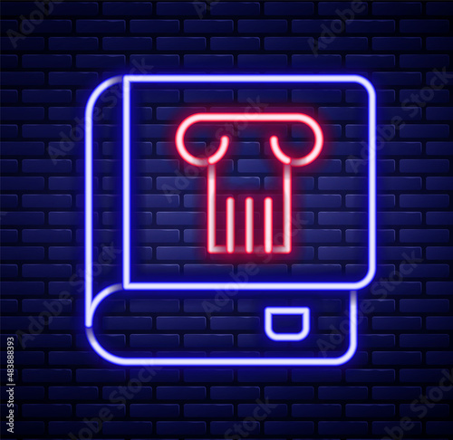 Glowing neon line History book icon isolated on brick wall background. Colorful outline concept. Vector