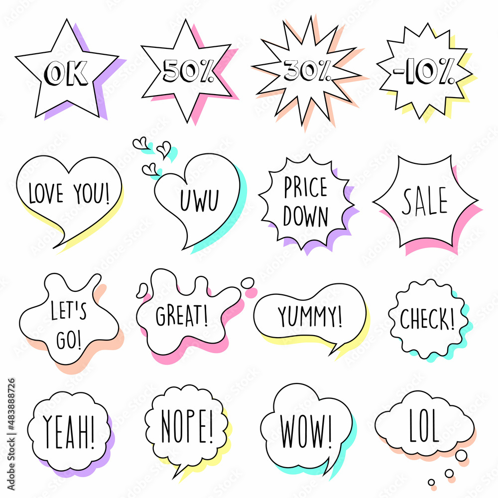 Set of speech bubbles of different shapes in doodle style. Dialogue bubbles of various shapes isolated on white background. Suitable for stickers, mobile app design elements, banners, social media