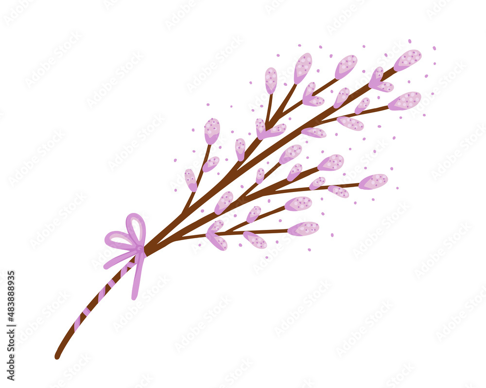 Obraz premium Pussy willow branch. Easter bouquet, blossom pussy willow tree. Vector Illustration for backgrounds, packaging, greeting cards, posters, textile and seasonal design. Isolated on white background.