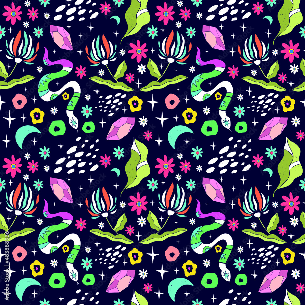 Naklejka premium A magical vector pattern with the sun, crystals, magical animals, flowers, and the moon. Suitable for printing, banners, web elements
